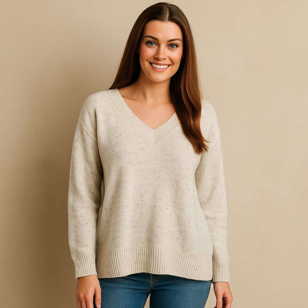 LOFT Small Grey Blue Speckled Knit Sweater V-Neck Classic Preppy Old Money